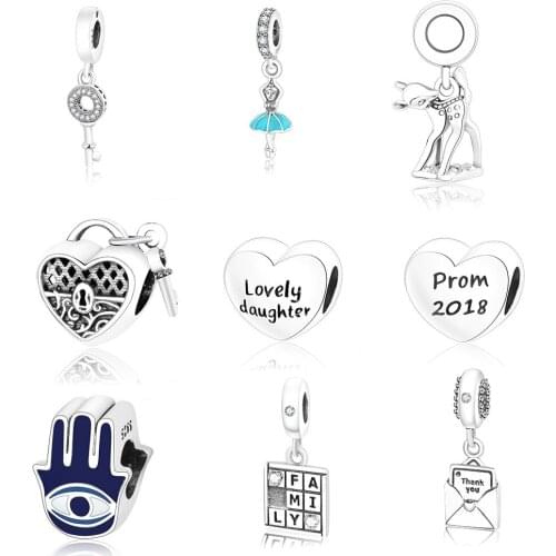 Fit Original Fine Charm Bracelets Silver 925 Animal Giraffe Key Pendant Palm Eye Love Beads Charms Jewelry DIY Berloque Gifts