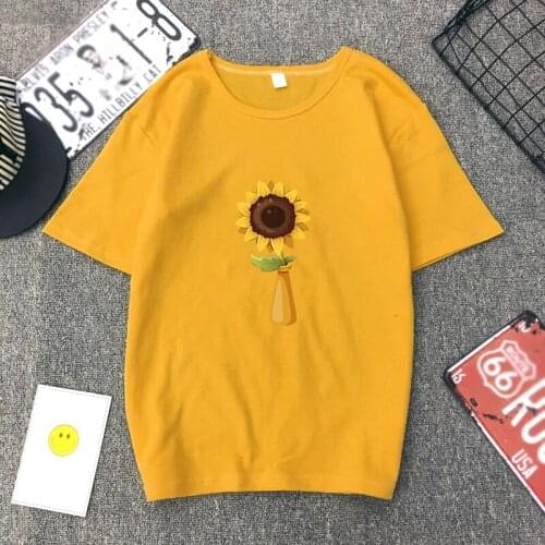 Sunflower vase Printing T Shirt Women Short Sleeve Summer T Shirt Vintage Flowers Graphic Tees Blusas Fashion cartoon T-shirt