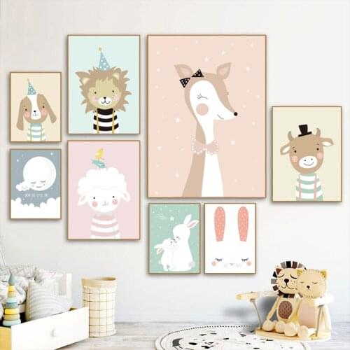 Rabbit Cow Lion Giraffe Cat Nordic Poster Wall Art Canvas Painting Nursery Animal Wall Cartoon Print Pictures For Baby Kids Room