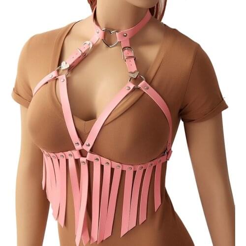 PINK BDSM Women Tassel Leather Body Bondage Harness Bra Straps Suspender Waistband Lingerie Sexy Erotic Garter Belt Corset Rave