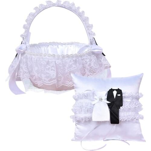 Wedding Ring Cushion Pillow Flower Basket Set White Guest Gift Storage Basket For Wedding Ceremony Home Party Decoration