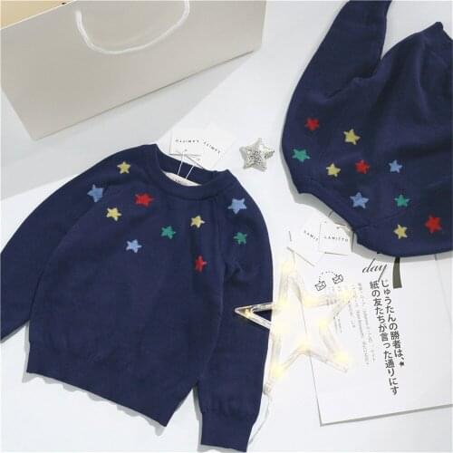 Tonytaobaby Spring New Boys and Girls Childrens Wear Star Sweater Pure Cotton Blue Knitted Sweater