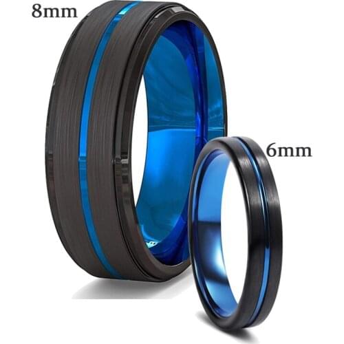 Trendy 4MM 8MM Black Brushed Stainless Steel Couple Rings For Men Women Thin Blue Line Groove Promise Ring Wedding Party Jewelry