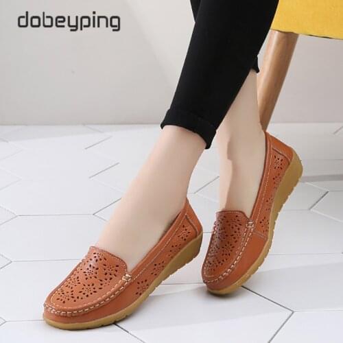 Dobeyping Fretwork Genuine Leather Women Shoes Cut-Outs Woman Loafers Hollow Womens Beach Flats Breathable Female Summer Shoe
