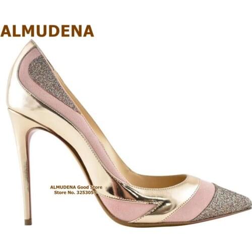 ALMUDENA Pink Gold Colorized Wedding Dress Shoes Stiletto Heels Glitter Sequined Pointed Toe Pumps 12cm Heel Size45 Dropship