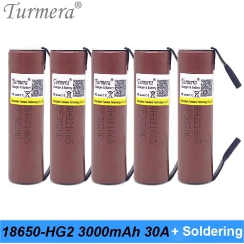 Turmera New HG2 18650 3000mAh Battery 30A Soldering Nickel for 10.8V 12V 14.4V 16.8V 18V 21V 25V Screwdriver Drill Batteries Use