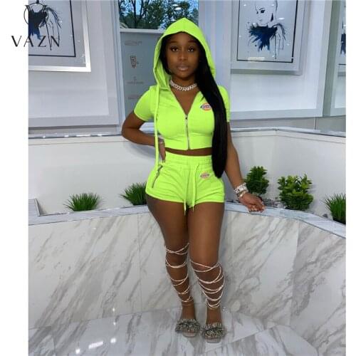 VAZN 2021 Top Quality Energy Tracksuits Daily Casual Young Hooded Short Sleeve Cloth Short Pants Women 2 Piece Set Women Wear