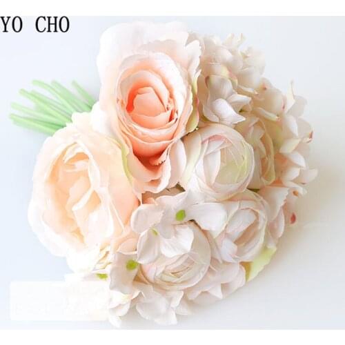 YO CHO Silk Hydrangea Rose White Flower Bouquet Artificial Flowers Bridal Wedding Decoration Faux Flore Bouquet Home Decoration