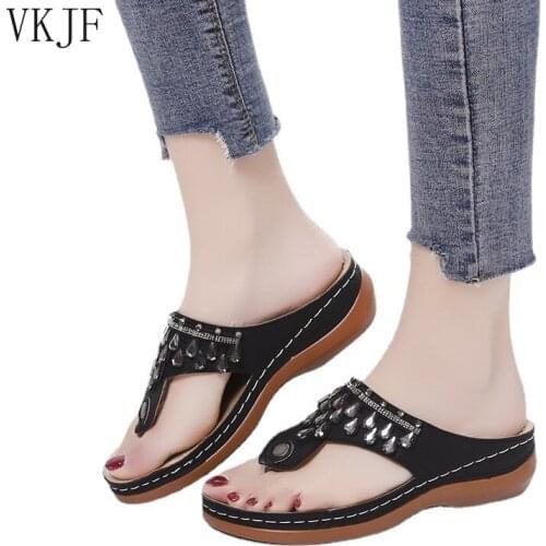 Slippers Womens Slope with Rhinestones Ethnic Sandals 2021 New European and American Large Size Womens Shoes Flip-flops