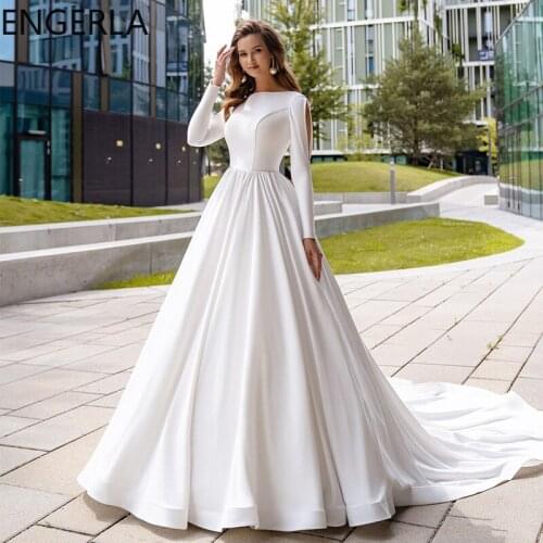 Sumnus Elegant A Line Satin Wedding Dresses Muslim Arabic Long Sleeve Vintage Wedding Gown Plus Size Bridal Dress