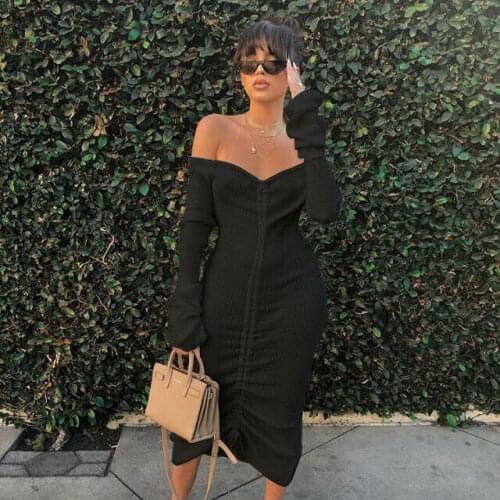 Womens Off Shoulder Long Sleeve Mid-length Solid Color Drawstring Dress