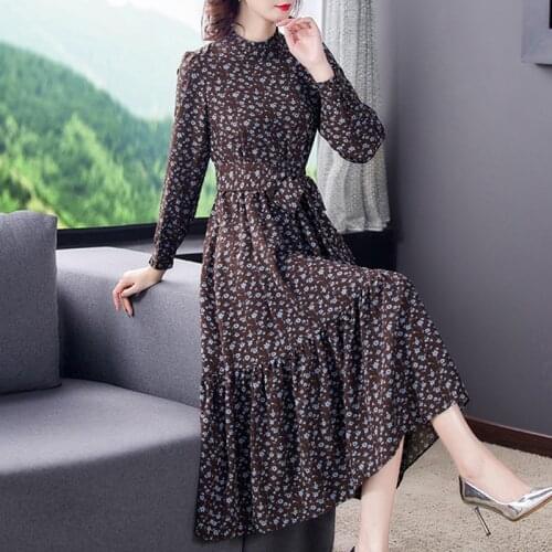 Spring Autumn Korean Vintage Print Midi Dresses Women Floarl Chiffon Long Sleeve Beach Dress 2021 Elegant Bodycon Party Vestidos