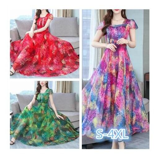 Chiffon dress female 2021 summer new fashion temperament square collar short sleeve printed silk slim long dress