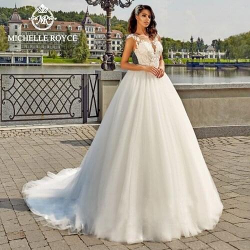 Michelle Royce A-Ling Wedding Dresses 2020 Sexy Scoop Illusion Appliques Button Chapel Train Bridal Gowns Vestido De Noiva