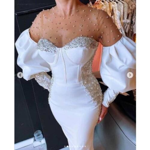 Pearls prom dresses 2022 sheer crew neckline long sleeve lace appliques beading sequins evening dresses gowns