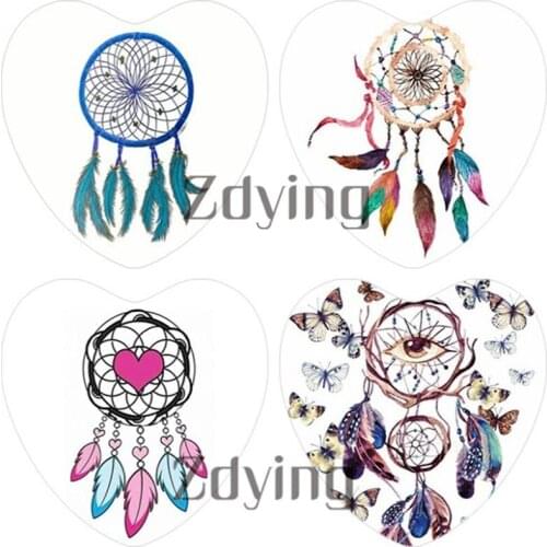 10pcs 25mm Heart Shape Dream Catcher Net With Feathers Pattern Glass Cabochon Beads Demo Flat Back DIY Pendant Jewelry Findings