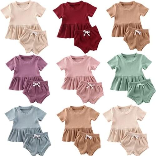 2020 Baby Summer Infant Newborn Baby Girls Clothes Set Ribbed Cotton Solid Outfits Dress Tops+Shorts Bottoms 2Pcs Baby Outfits