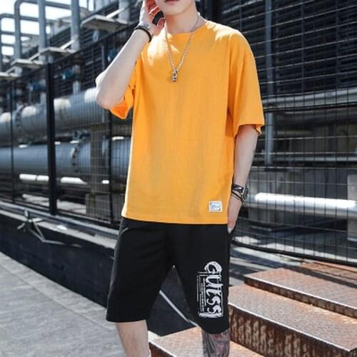2021 Tracksuit Summer 2 Pieces Men Sets Male Clothing Sportswear Set Fitness Print Men Shorts+T Shirt Mens Casual Suit Plus Size