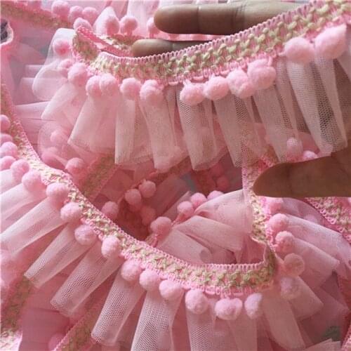 5Yards Pink Rose Blue White Pom cotton Lace Trim with Ruffle Mesh Embroidered 5.5CM Width -Time