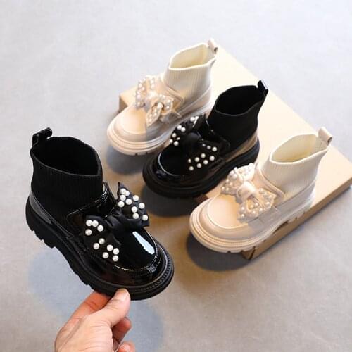 Autumn Children Kids Pearl Bowknot Mirror PU Leather Princess Shoes Knit Patchwork Fashion Boots For Girls