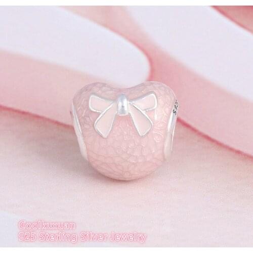 Pink Enamel Lace and Bow Love Heart Charms Beads Original 925 Sterling Silver Valentines Day Gift Beads Fits Brand bracelets