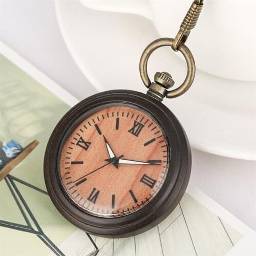 Retro Bronze Fob Wooden Pocket Watch Quartz Ebony Timepiece Roman Numerals Luminous Hands Open Face Pendant Natural Clock Gift