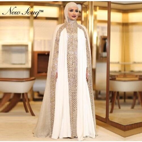 Dubai Kaftan Arabic Islamic Muslim Evening Dresses Long Sleeves White and Champagne Rhinestone Evening Party Gowns Vestido Longo