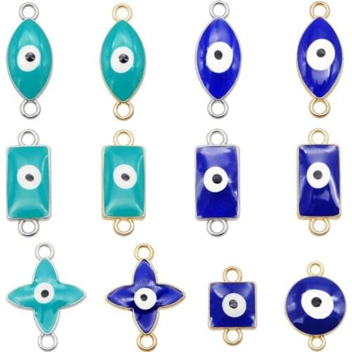 Julie Wang 12PCS Mixed Enamel Blue Evil Eye Connectors Small Round Square Rectangle Bracelet Alloy Jewelry Making Accessory