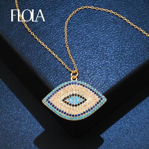 FLOLA Turkish Blue Evil Eye Pendant Necklace for Woman Zircon Paved Gold Eye Long Chain Charm Necklace Jewelry Gift nken87