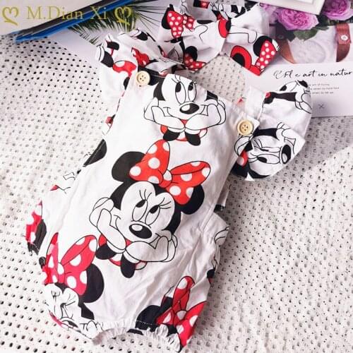 Summer New Baby Clothing Infant Toddler Baby Girls Romper Cartoon Minnie Romper+Headband 0-24M Newborn Christmas Outfits