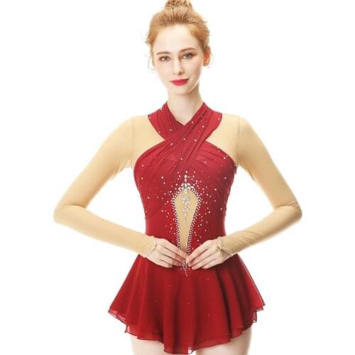 Wine Red Long Sleeve Chinese Figure Skating Suit, Suitable For Women And Children