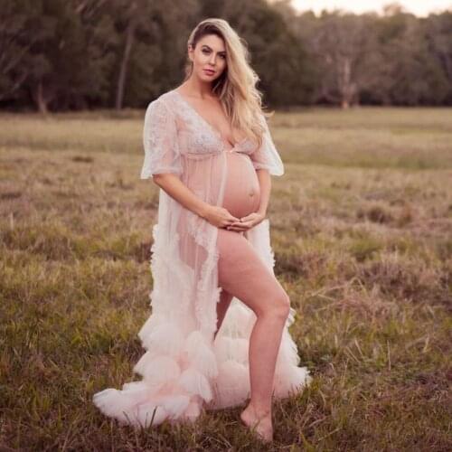 Short Sleeves Maternity Gowns For Photoshoot Lace Ruffles Sexy Maternity Dress for Photography Pregnancy Women Party Wear