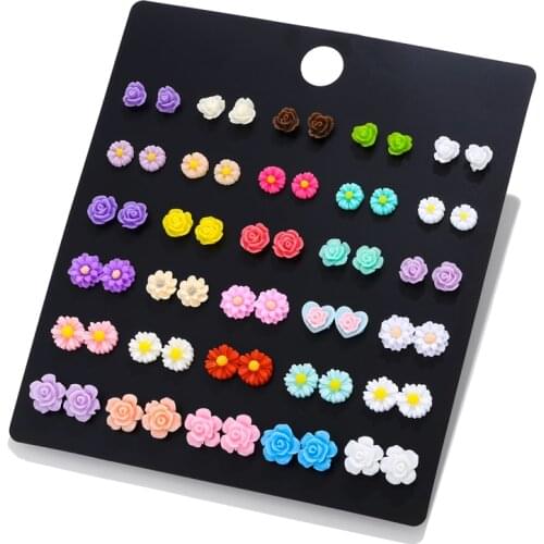 LUXSHINE 30 Pairs/lot Resin Flowers Stud Earring Set for Girls Cute Korean Earrings Pendientes Wholesale Gift Spring Jewellery