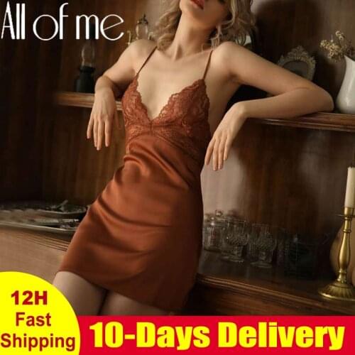 Sexy Nightdress Lace Nightgown Womens Lingerie Backless Lace V-neck Nightwear Imitate Ice Silk Night Dress Homewear for Female
