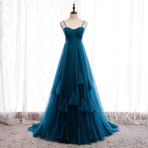 New luxury peacock Blue small training long lady women prom evening performance banquet party ball dress gown free shipping