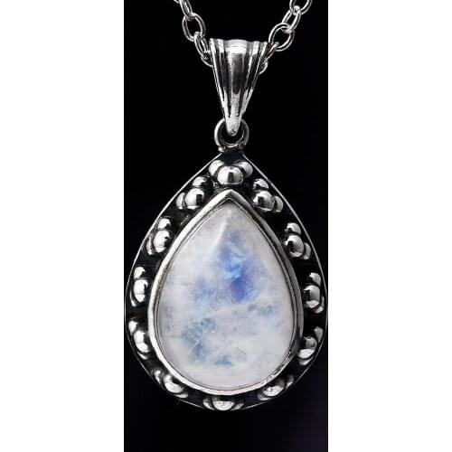S925 Sterling Silver Pendant Necklace Large Pear Shape 10 * 14 Moonstone Retro Necklace Engagement Party