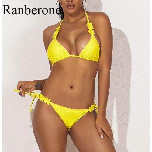Ranberone Sexy Womens Swimsuit Solid Color Bikini Summer Bathing Suits Swimwear 2 Piece Bikini Set Fashion Beach Wear