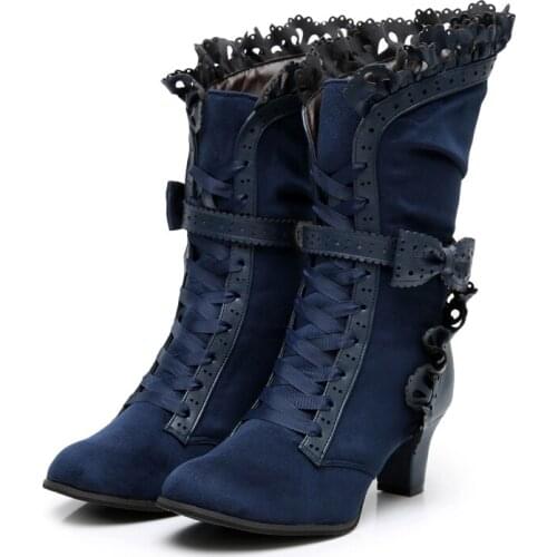 Lolita Daily Footwear Winter Tea Party Boots Pointed Gothic Gorgeous Velvet Sweet Bow Heels Cosplay Prom Belt Lolita Boots 41 42