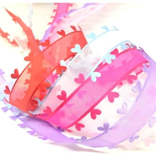 5Y 2.5cm 18colors Heart Embossed Organza Ribbon for Handmade Craft Sewing Scrapbook Marriage Christmas Deco Gift Floral Packing