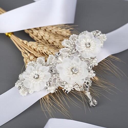 S354 White Flower Wedding Belts Floral Bride Dress Accessories Pearl Womens Formal Belt Prom Evening Dresses for Girl Belt