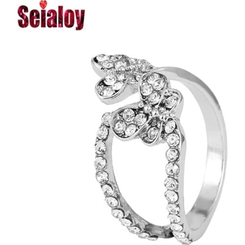 Seialoy Fashion Silver Color Flying Butterflies Rings For Women Girls Girls Engagement Crystal Ring Lovers Couple Jewelry Gifts