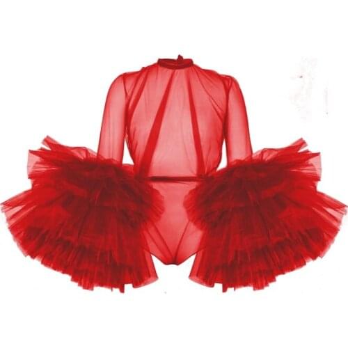 Sexy Red Women Jumpsuit 2020 Puffy Full Sleeves Ruffles Tiered Tulle Blouses Tops Illusion See Thru Rompers Womens
