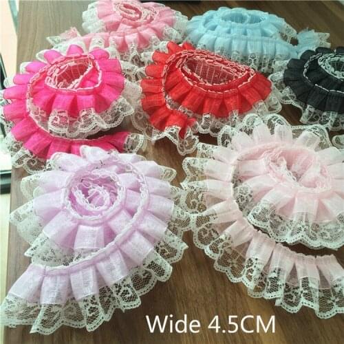 Wide 4.5CM 3D Cotton Embroidery Flowers Fold Pleated Chiffon Ruffle Trim Collar Lace Applique Guipure Sewing Dress Fringe Decor