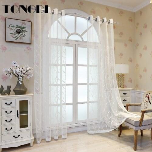 TONGDI White Tulle Embroidery Curtain Elegant Floral Leaves Transparent Home Decoration For Kitchen Parlour Living Room Bedroom