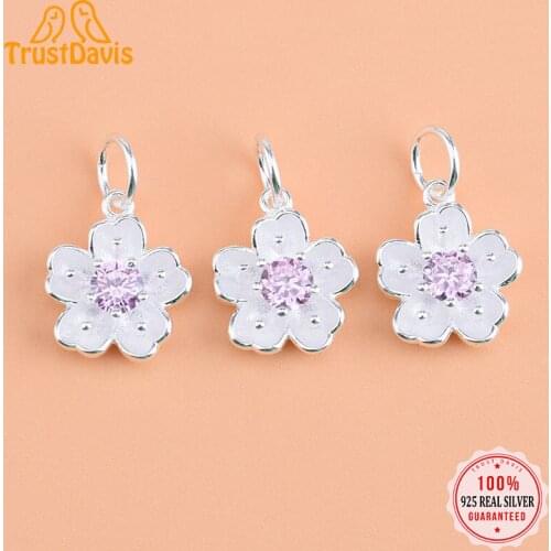 TrustDavis 2021 New Fashion Real 925 Sterling Silver Sweet Flower Pink CZ Charm Pendant Handmade DIY Accessories Wholesale HY050