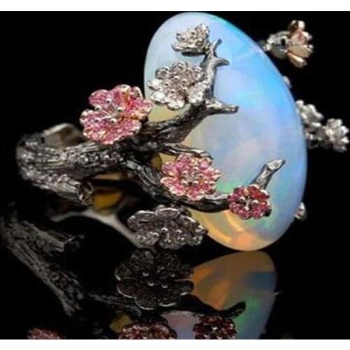 Vintage Women Faux Opal Plum Blossom Flower Two Tone Finger Ring Jewelry Gift