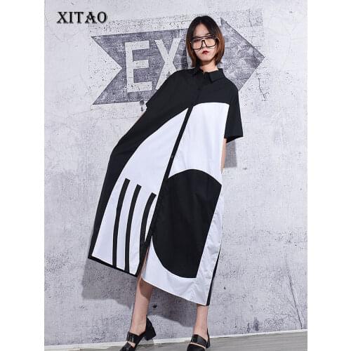 XITAO Print Turn-down Collar Dress Europe 2021 Summer New Fashion Loose Casual Short Sleeve Contrast Color Dress WMD0855