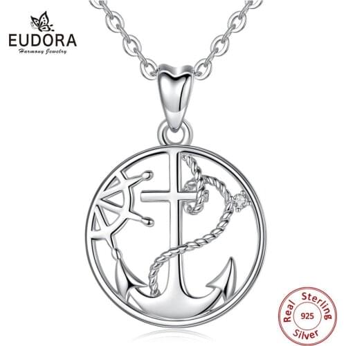 Eudora 925 Sterling Silver Anchor Rudder Pendant Necklace with AAA Clear Cubic Zirconia Fashion Fine Jewelry for Women men D35