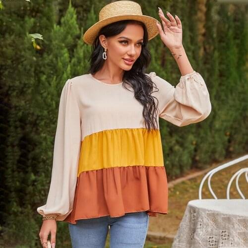Women Spring Elegant Casual Ruffle Long Sleeve Shirts Ladies Patchwork Tops Three Colors O-Neck Female Pullover Chic All-Match