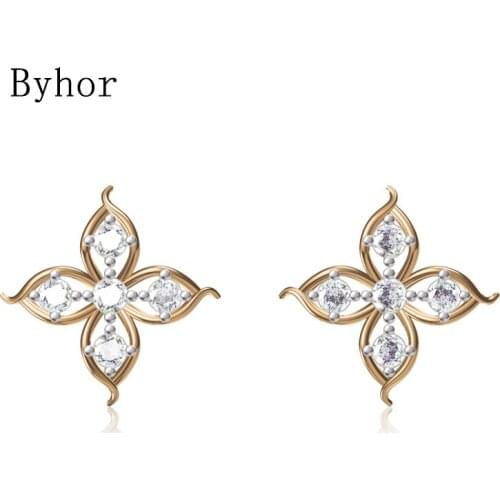 Byhor Solid 14K White/Yellow+White/Rose+White Gold 0.596ct H/SI Natural Diamonds Stud Earrings Women Cерьги Fine Jewelry сережки